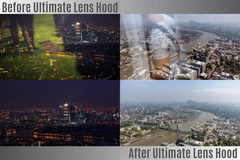 Comparison of cityscapes showing glare before and clarity after using Ultimate Lens Hood for DSLR cameras, anti reflection rubber hood.