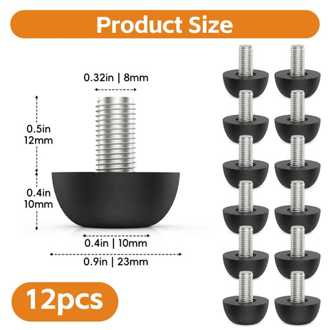 Image of the 12 Pack M8 Adjustable Furniture Feet In 304 Stainless Steel Leveling Screws showing size dimensions and 12 pieces.