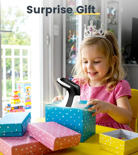 Young girl opening a gift box, revealing a Retro Manual Embossing Label Maker With 9mm Tapes, Vintage 3D Raised Letters.