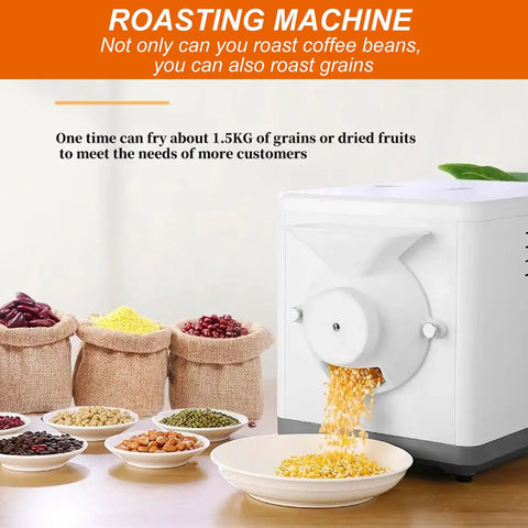 Dead Simple 1600 Watt Vertical Electric Coffee Roaster with grains dispensing into a plate, showcasing 1.5kg batch capability.