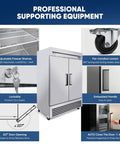 54 Inch Stainless Steel Upright Double Door Commercial Freezer Frost Free 49 Cu Ft Reach In For Restaurant Garage Or Industrial Kitchen With Cubigel Compressor And Energy Savings Up To 40 Percent shown with features like adjustable shelves and casters.