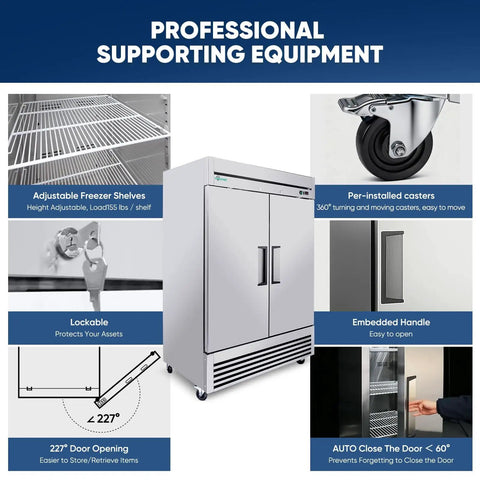 54 Inch Stainless Steel Upright Double Door Commercial Freezer Frost Free 49 Cu Ft Reach In For Restaurant Garage Or Industrial Kitchen With Cubigel Compressor And Energy Savings Up To 40 Percent shown with features like adjustable shelves and casters.