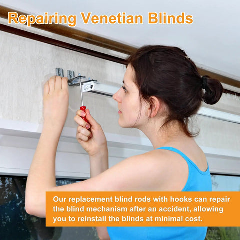Woman using a screwdriver to fix window blinds with the Four Piece Wand Wire And Sleeve Collar Hook Kit For Horizontal Mini Blind Repair Sweet Upgrade Universal Replacement Rods No Sweat Install For Home Blinds.