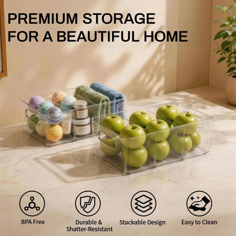 Clear Pantry Organizers And Storage Bins With Quick Adjust Dividers, super sturdy fridge containers with apples and towels.