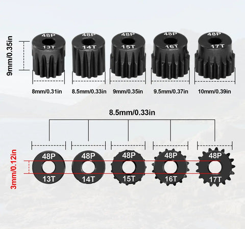 OGRC Hardened Steel 48P Pinion Gears 13T 14T 15T 16T 17T With 3.175mm Shaft For Traxxas Arrma HSP HPI AXIAL Losi Tamiya 1x10 RC Cars Beefy Gear Set For Easy Ratio Tuning, showing side-by-side gears and size dimensions.