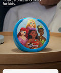 Echo Pop Kids Smart Speaker With Alexa Plus Showcasing Fresh Disney Princess Vibes displayed on a bedside table.
