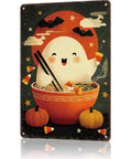 Funny Vintage Halloween Ghost Ramen Bowl Metal Sign Tin Wall Art 8 By 12 Inch For Home Office Garage Decor With Retro Vibe And Playful Illustration