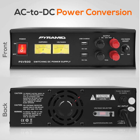 Front and back view of Universal Compact 50 Amp Adjustable Bench Power Supply, 12 To 15 Volts Output, With Two USB Ports And Overload Protection