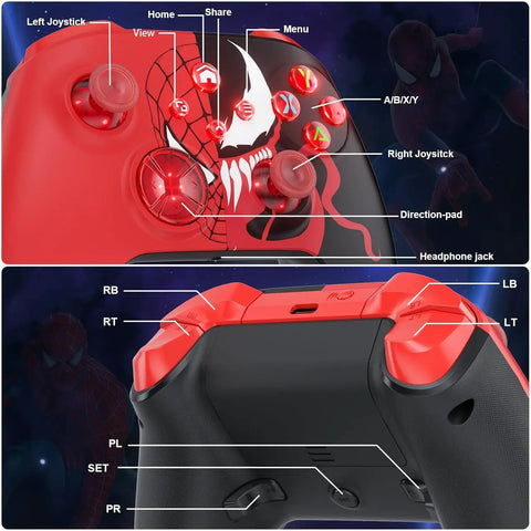 RGB Wireless Gaming Controller For Xbox Series X And S, Xbox One And PC with detailed button and jack features.
