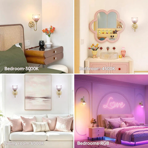 Pair Of Vintage Battery Powered Wall Sconces With Massive 5000Mah Cell And Smart Remote Dimmable Tulip Pink Shades in varied room settings.