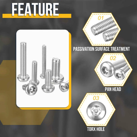 Five Pack 3/8 X 1 Inch Pan Head Torx Security Screws Stainless Steel T45 Antitheft License Plate Bolts with pan head design