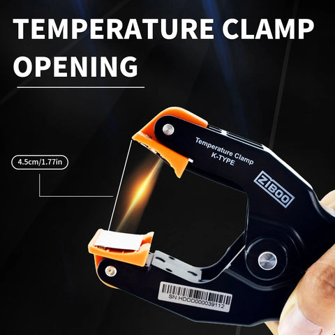 K Type Pipe Clamp Thermometer for HVAC and Multimeters, Wide Range -40 to 392 F, clamp detail with size indication