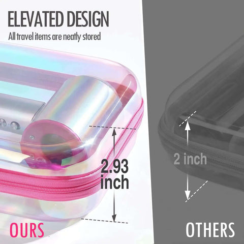 Kickass Clear Hard Shell Zipper Cases 2 Pack Iridescent Finish with storage dimensions shown, highlighting 2.93 inch depth.