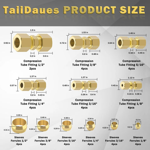 Taiidaues brass compression tube fittings assortment kit, 46 pieces, 1/8–1/2 in OD with sleeves and ferrules