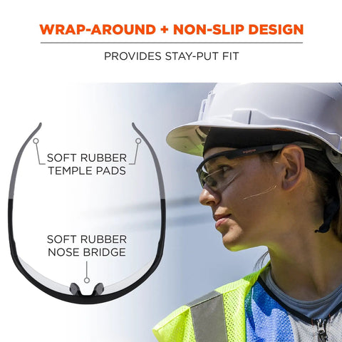 Woman wearing Skullerz Skoll Safety Glasses Matte Black Frame With Anti Fog Clear Lenses Blade Style Frame, non-slip design