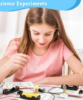 Kid Friendly 12 Pack Electric Circuit Kits For Kids 8 Plus Hands On STEM Projects Learn Basic Circuits With Light Bulbs Switches And Battery Holders Requires 2 AA Batteries Not Included Classroom DIY Circuit Board Building Fun, girl assembling circuit kit with bulbs and wires.