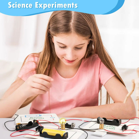 Kid Friendly 12 Pack Electric Circuit Kits For Kids 8 Plus Hands On STEM Projects Learn Basic Circuits With Light Bulbs Switches And Battery Holders Requires 2 AA Batteries Not Included Classroom DIY Circuit Board Building Fun, girl assembling circuit kit with bulbs and wires.