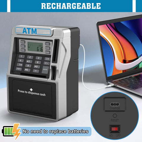 Rechargeable Kids ATM Bank With Real Money Safe Debit Card Access Coin Recognition Bill Feeder Balance Calculator Power Off Memory Keeps Data Kid Friendly ATM Machine For Boys And Girls shown with charging cable connected to laptop