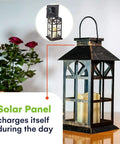 Solar Lantern Outdoor Waterproof Hanging Light For Garden Patio And Porch With Flickering LED Flames rustic metal design.