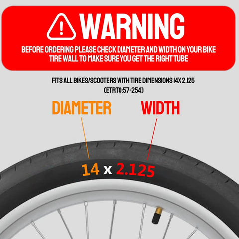 Heavy Duty 14x2.125 Inner Tubes For Electric Bikes And Scooters With Angled Schrader Valve tire size warning image.