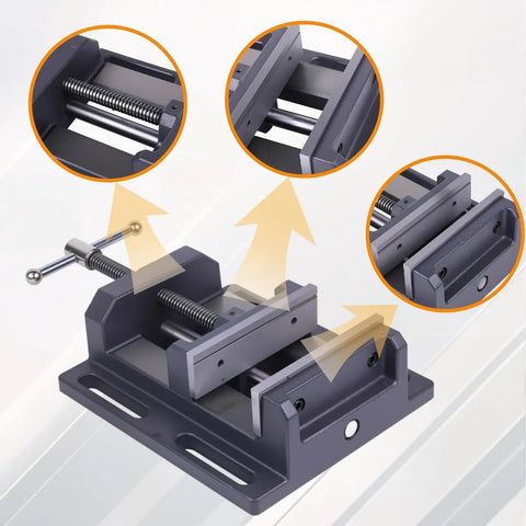 Heavy Duty Beefy 6 Inch Drill Press Vise For Precision Workholding, 30 Lb Clamp With Sturdy Jaw, shown with secure opening