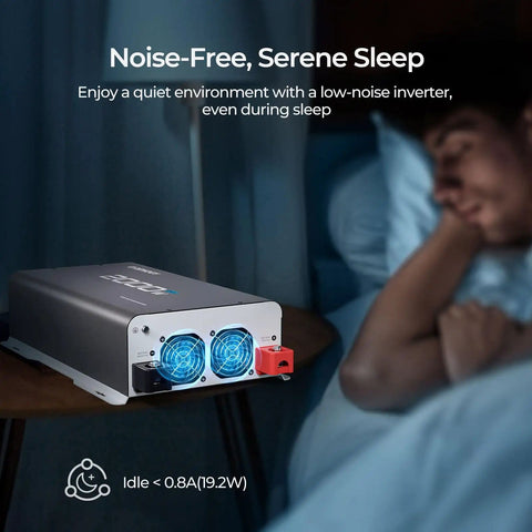 Beefy 2000W 24V Pure Sine Wave Inverter with 4000W Peak Power next to person sleeping, illustrating quiet operation.