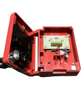 Interior view of red Emergency Alarm Station With Key Lock Dual Action Pull Point For Fire Safety, showing wiring and key lock.