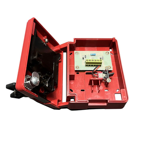 Interior view of red Emergency Alarm Station With Key Lock Dual Action Pull Point For Fire Safety, showing wiring and key lock.