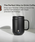 Self Heating Coffee Mug With Rechargeable Battery And Digital Temperature Control Keeps Your Drinks Piping Hot All Day Long Sleek LED display showing temperature on a black 16oz mug.