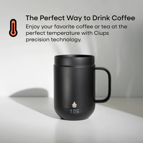 Self Heating Coffee Mug With Rechargeable Battery And Digital Temperature Control Keeps Your Drinks Piping Hot All Day Long Sleek LED display showing temperature on a black 16oz mug.