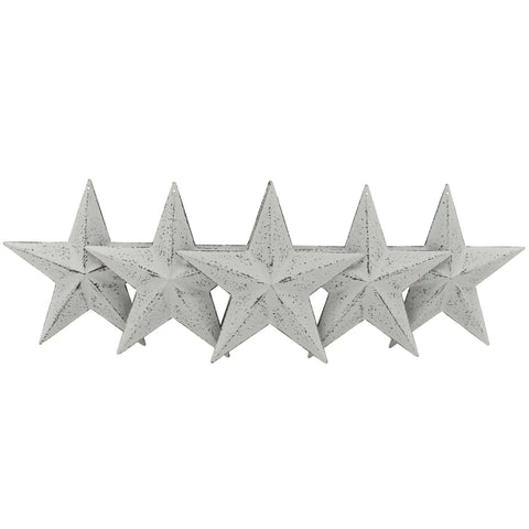 Country Rustic Barn Star Set Of 6 Metal Wall And Door Decor Five And A Half Inch Primitive Whitewash Grey Finish, stars arranged in a row