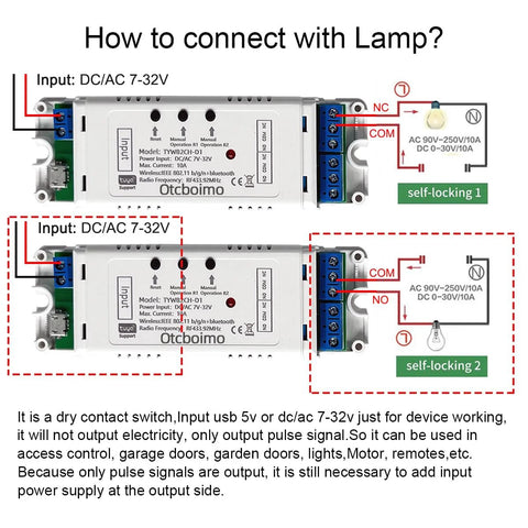 Two Otcboimo WiFi 2-channel actuator controller modules, DC/AC 7-32V input, Tuya smart relay with COM/NO/NC terminals