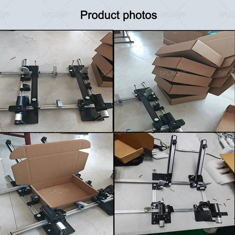 Adjustable Cardboard Box Folding Tool Manual Shipping Box Folder Jig Featuring Quick Slide Adjuster on workbench with stacked boxes.