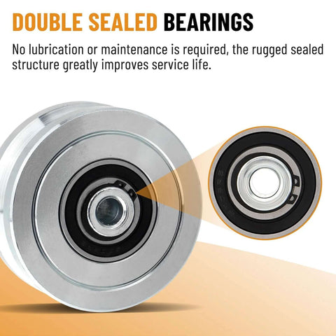 Close-up of double sealed bearings on 4 Inch V Groove Slide Gate Wheel With Welded Bracket Box, designed for durability and rust resistance.