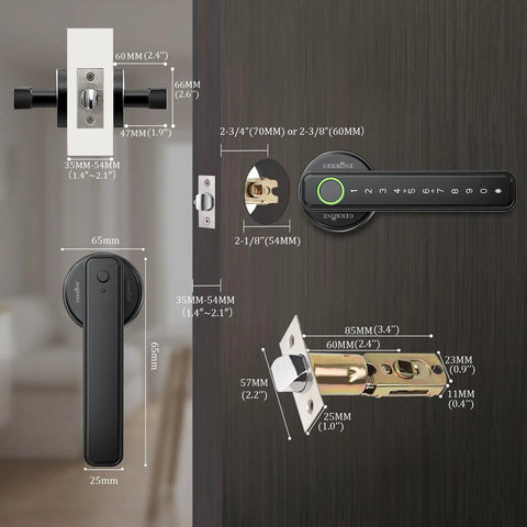 Smart Lever Door Lock With Fingerprint And Keyless Entry, Tuya App Control, Bluetooth Touchscreen with dimensions shown