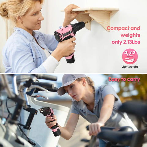 Women using Pink 222 Piece Drill Driver And Home Tool Set For Women DIY Projects 12V Electric Drill Kit with 3/8 Inch Keyless Chuck
