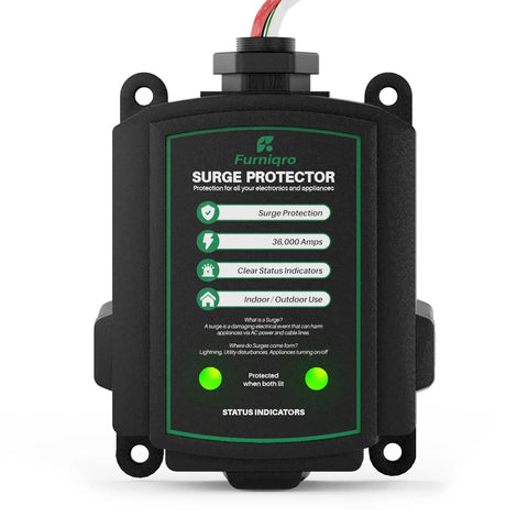 Front view of 36,000 Amp Whole House Surge Protector For 120/240V, black compact design with status indicators, indoor/outdoor use