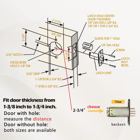 Diagram showing dimensions and components for ANSI Grade 2 Commercial Keyed Entry Door Lever Handle With UL Listed ADA Compliant Performance Satin Chrome Finish 26D Backset Non Handed Heavy Duty Construction 400000 Cycles Tested Model GRD2 72ET 1P, including 2-3/4 inch backset and latch unit.