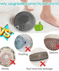 Heavy Duty 5.5 Inch Shower Drain Hair Catcher 2 Pack Premium Strainer shown with hair strands and comparison images.
