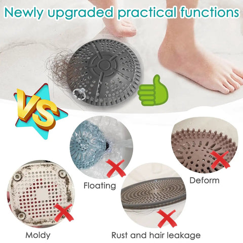 Heavy Duty 5.5 Inch Shower Drain Hair Catcher 2 Pack Premium Strainer shown with hair strands and comparison images.