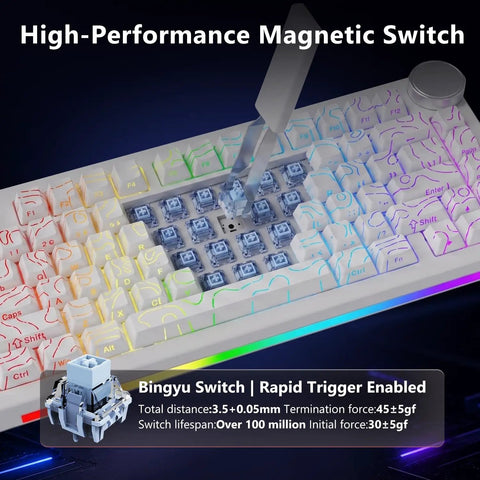 Ultra Durable 8Khz Magnetic Hall Effect Mechanical Gaming Board Featuring Clutch Rapid Trigger Keys with Bingyu switches.