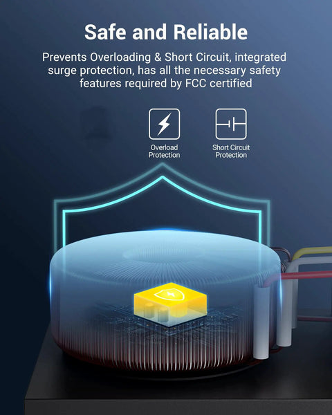 Smart Low Voltage Landscape Transformer 120W 120V AC To 12V For Outdoor LED Lighting Waterproof With 1 Zone Control Works With Alexa And Google Home ETL Listed image showing overload and short circuit protection features.