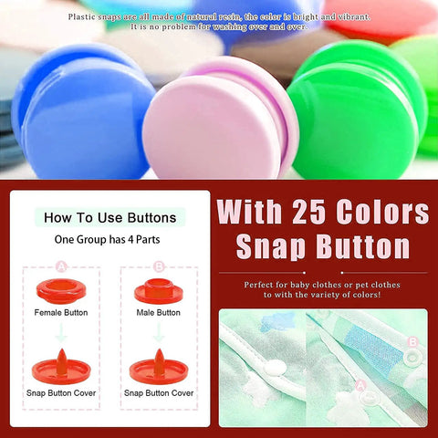 Close-up of colorful plastic snaps, part of All-In-One Snap Button Set With Pliers Kit For DIY Sewing And Crafting, 300 Plastic And Metal Snaps, Includes 25 Plastic Colors And 5 Metal Colors, Screwdriver And Bases, Great For Scrapbooking. Diagram shows button parts.