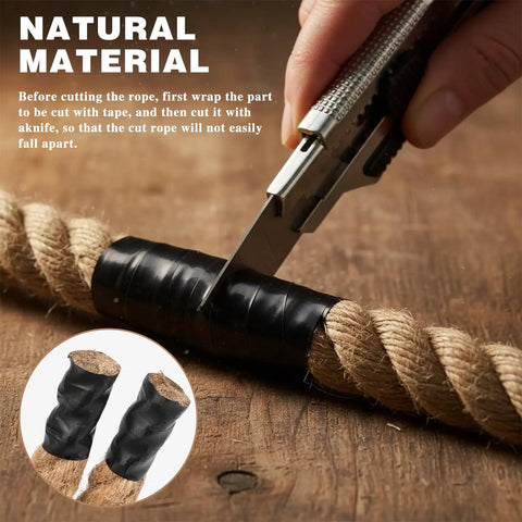 Cutting 1 Inch Thick Natural Jute Rope 100 Feet Heavy Duty Twisted Manila Hemp Rope with knife on wooden surface