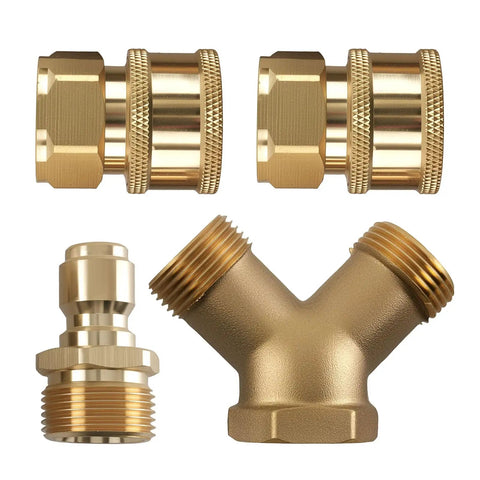 Two Gun Pressure Washer Splitter Tee, Three Eighth Inch Brass Quick Connect Fitting components for dual gun system