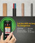 Straight Up Heavy Duty Wall Scanner And Dead On Stud Finder With Built In 120 Meter Laser Tape Measure For Spotting Wood Metal Ac Wiring Plus Rebar Zero Hassle Setup Fast Rechargeable Battery And Sharp Color Display detecting materials like wood, wires, and metal, with interface showing scanning mode.