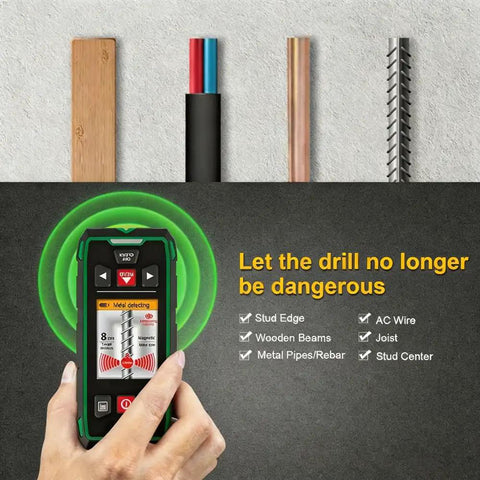 Straight Up Heavy Duty Wall Scanner And Dead On Stud Finder With Built In 120 Meter Laser Tape Measure For Spotting Wood Metal Ac Wiring Plus Rebar Zero Hassle Setup Fast Rechargeable Battery And Sharp Color Display detecting materials like wood, wires, and metal, with interface showing scanning mode.