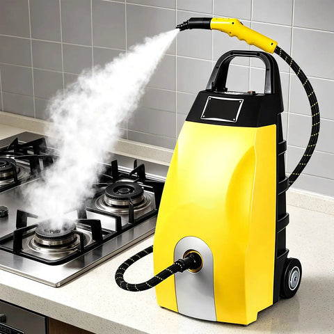 Industrial Steam Cleaner Featuring Adjustable Two Thirty Degree Heat And Seven Heavy Duty Tools That Knock Out Tough Kitchen Grease Auto Grime And Stubborn Household Marks Like Hot Butter emitting steam on a kitchen stove.