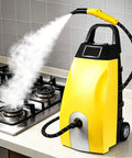 Industrial High Temp Steam Washer Boasting Hella Hot 230 Degree Vapor Output With Seven Pro Attachments in action, cleaning a stove.