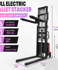 Heavy Duty 3500 Lbs Carbon Steel Semi Electric Pallet Stacker With 1600 Watt Motor And Solid 48 Volt System For Easy High Lift Operations Up To 98 Inches Height On Any Job Site diagram showing key specifications and features.